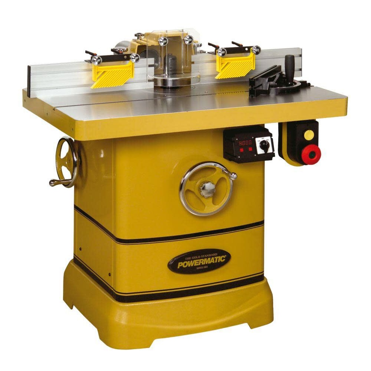 Powermatic 1280101C PM2700 Shaper, 5HP 1PH 230V shown as a full woodworking shaper with cast iron table, fence, guard, and cabinet base in a workshop-ready setup