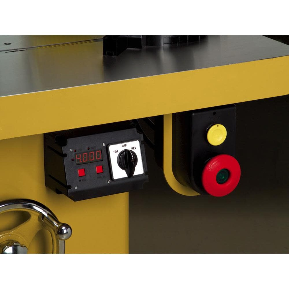 Powermatic 1280101C PM2700 Shaper, 5HP 1PH 230V close-up of digital spindle height readout and forward off reverse controls on the cabinet for precise woodworking setup