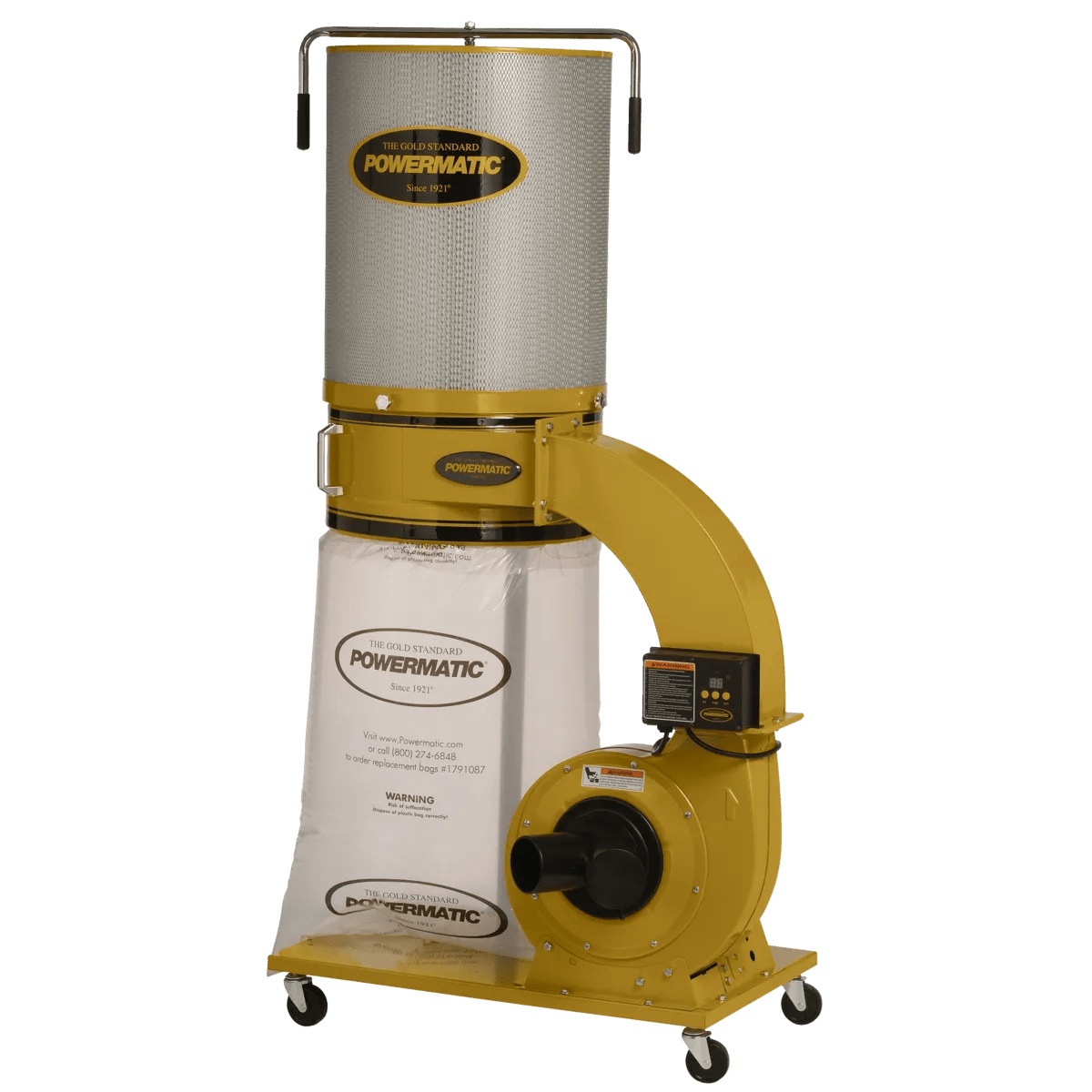 Powermatic 1791079K PM1300TX-CK Dust Collector, 1.75HP 1PH 115/230V, 2-Micron Canister Kit shown as a mobile woodworking dust collection unit with canister filter and collection bag for shop sawdust control