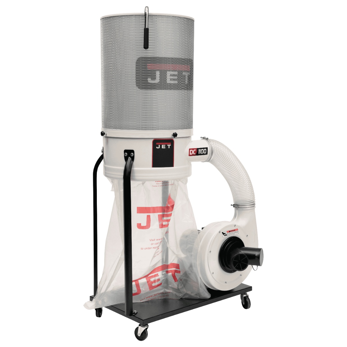 Jet DC-1100VX-CK Dust Collector, 1.5HP 1PH 115/230V, 2-Micron Canister Kit shown as a portable shop dust collection unit with canister filter, hose, and collection bag for woodworking machines