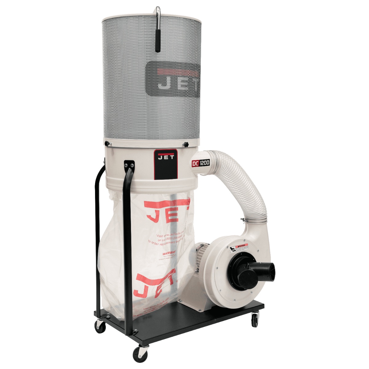 DC-1200VX-CK1 Dust Collector, 2HP 1PH 230V, 2-Micron Canister Kit shown as a mobile shop dust collection system with canister filter, lower collection bag, hose, and caster base for woodworking machine dust collection