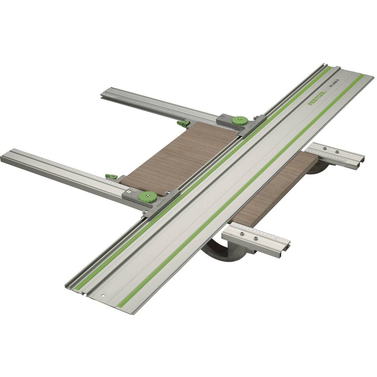 Festool 203160 Parallel Guide Set For Guide Rail System, Imperial mounted to a Festool guide rail for repeatable rip cutting on a wood panel in a workshop setup