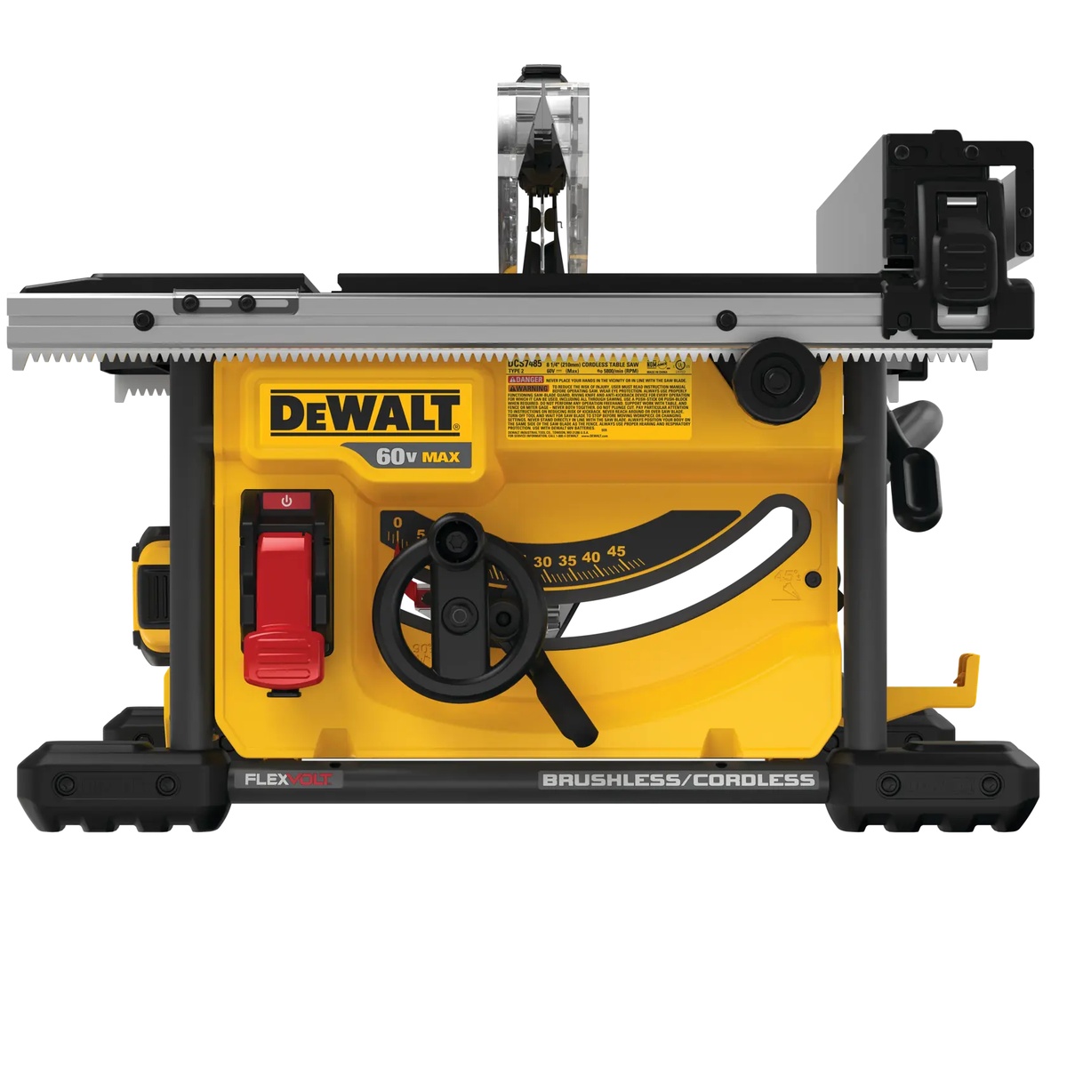 DEWALT DCS7485T1 FLEXVOLT 60V MAX 8-1/4 in. table saw front view showing rack and pinion fence controls for accurate ripping adjustments