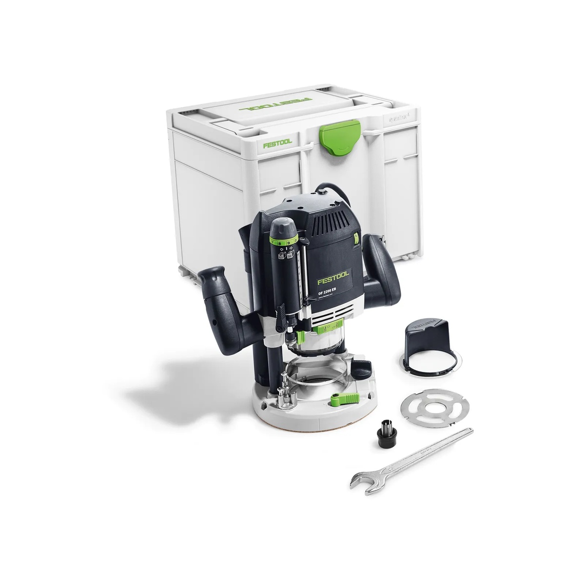 Festool OF 2200 EB-F-Plus Plunge Router with Systainer and accessories shown on a clean product setup for heavy-duty woodworking and deep groove routing