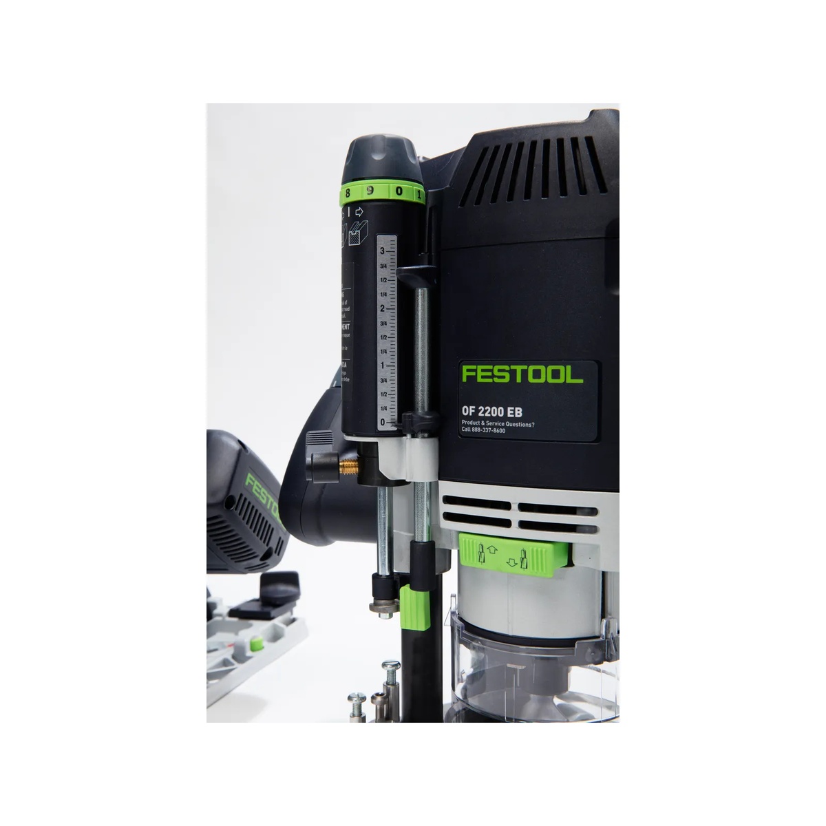 Festool OF 2200 EB-F-Plus Plunge Router close-up showing depth scale and adjustment controls for precise plunge routing in cabinetry and hardwood work