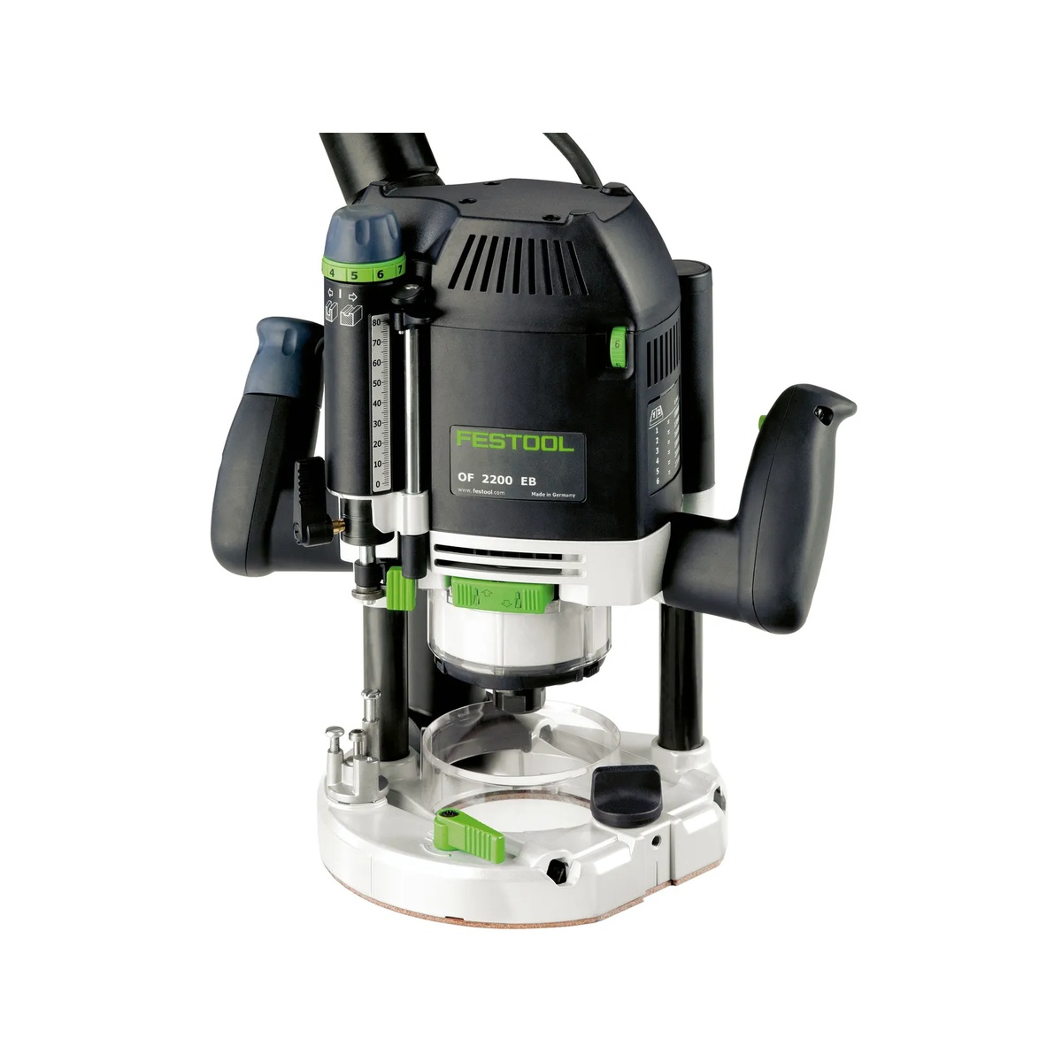 Festool OF 2200 EB-F-Plus Plunge Router front angle showing angled handles and plunge base for controlled heavy-duty edge profiling and template routing