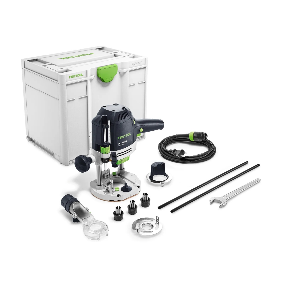 Festool OF 1400 EQ-F-Plus Plunge Router kit with Systainer, collets, guide rods, dust accessories, wrench, and power cord on a clean background