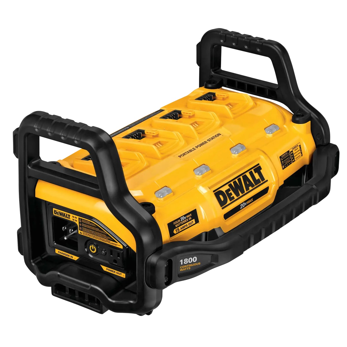 DEWALT 1800W Portable Power Station and Simultaneous Battery Charger showing roll cage frame, battery bays, and power connections on a clean product view