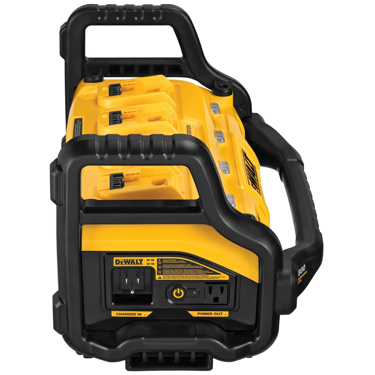 DEWALT 1800W Portable Power Station and Simultaneous Battery Charger showing charger input and power output connections for battery charging and remote power use