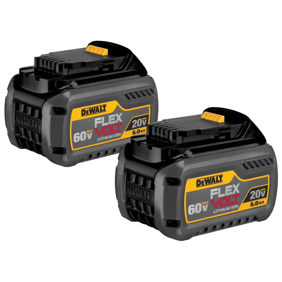 DEWALT DCB606-2 20/60V MAX FLEXVOLT 6Ah Battery 2-Pack shown from an angled side view highlighting the 6.0Ah rating for longer cordless tool runtime in shop and jobsite use