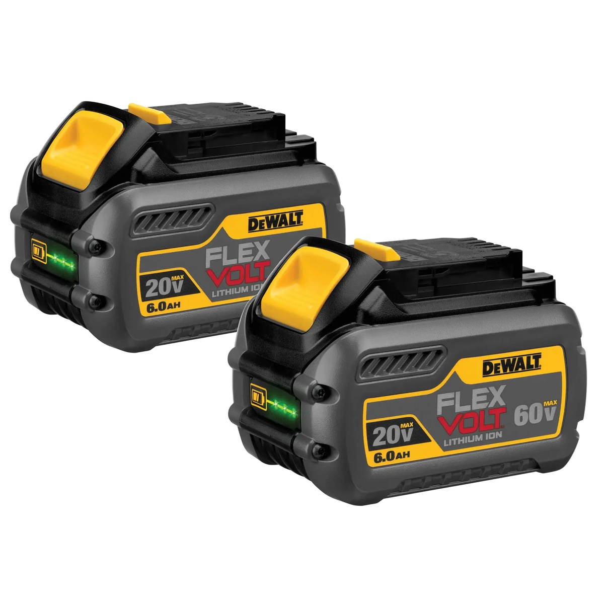 DEWALT DCB606-2 20/60V MAX FLEXVOLT 6Ah Battery 2-Pack showing the built-in LED charge indicator on each battery for quick status checks before cordless tool use