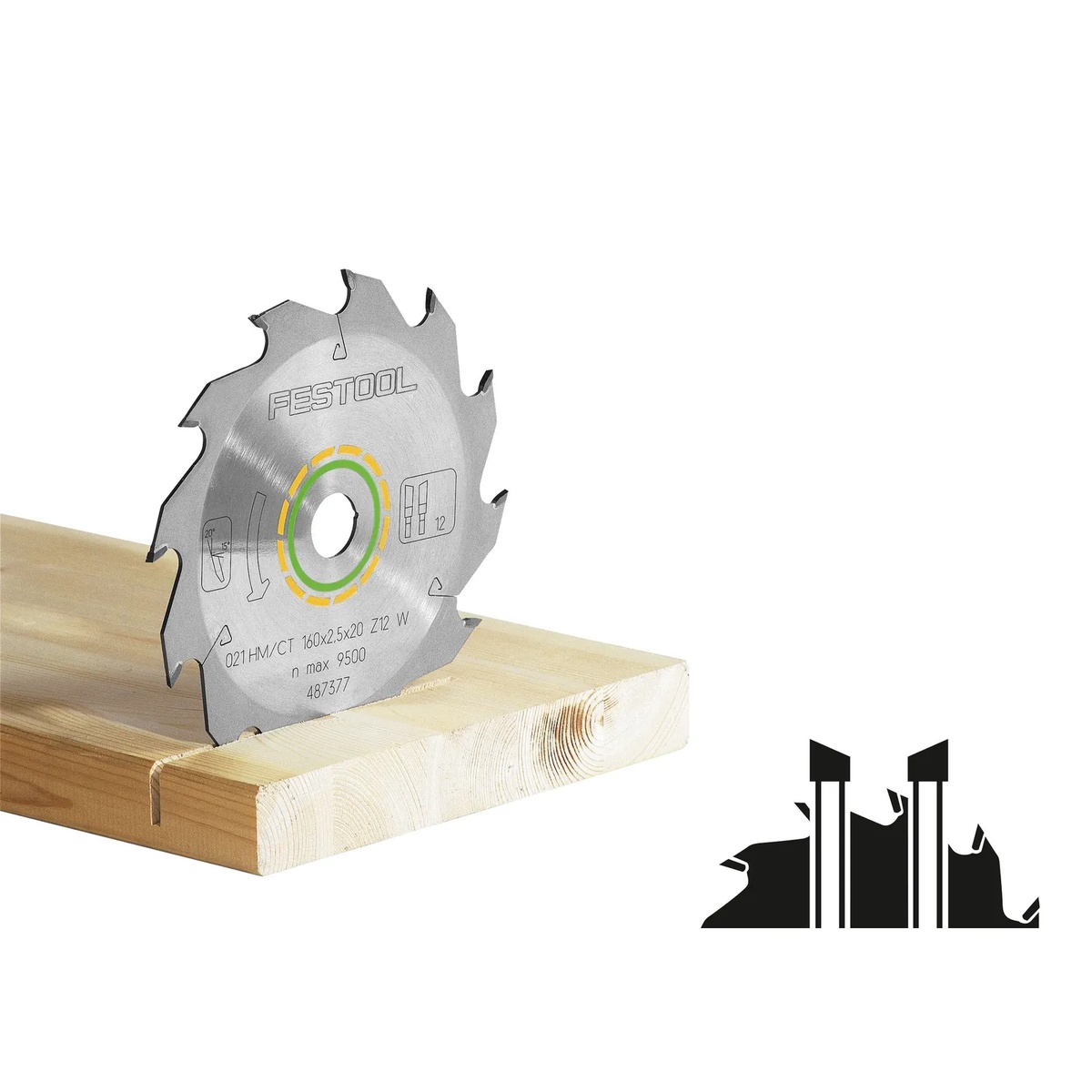 Festool 500461 Saw Blade WOOD STANDARD HW 160x1.8x20 W18 cutting into a wood board in a shop or jobsite setup, showing the blade profile and tooth geometry during a real cutting application