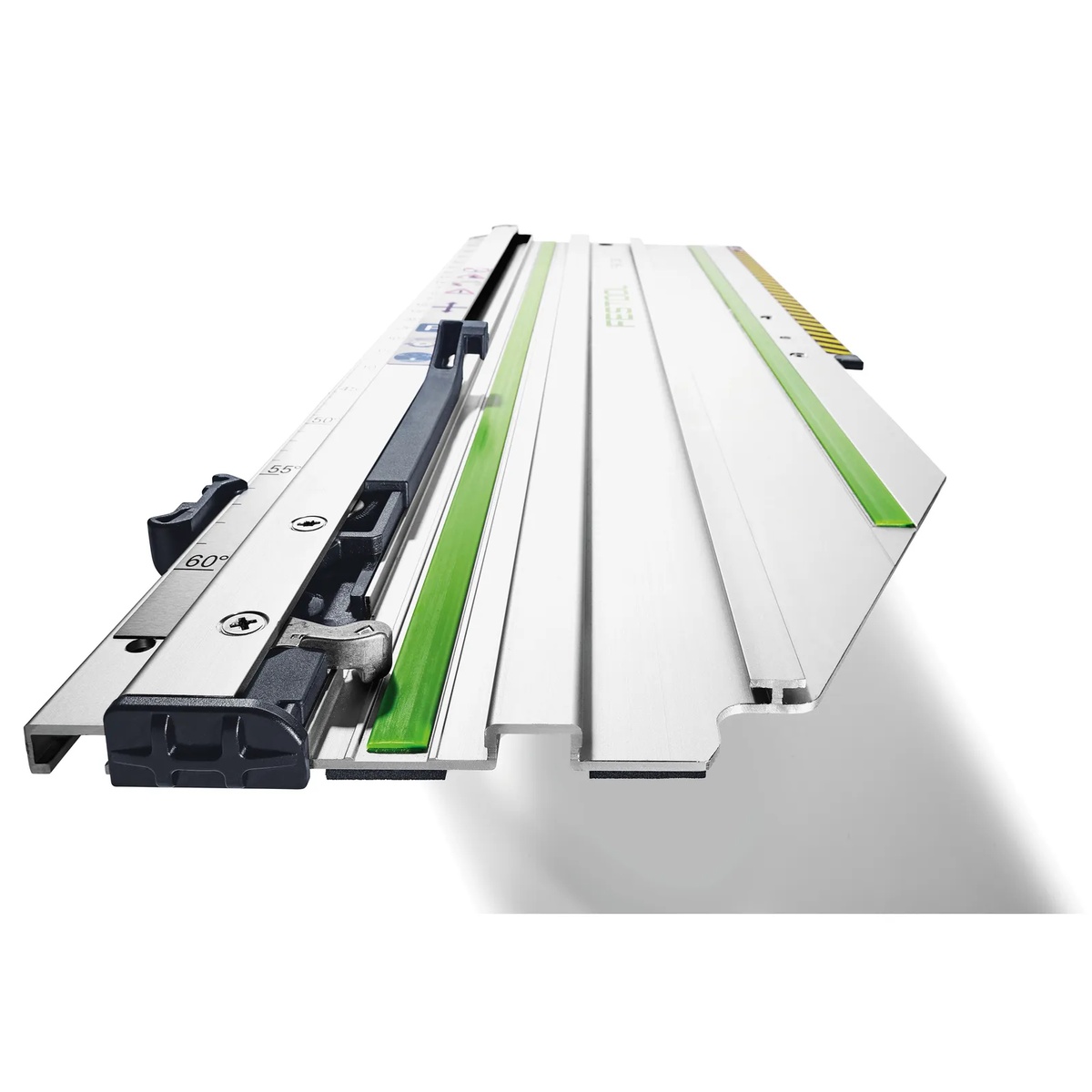 Festool 769943 FSK 670 Cross Cutting Guide Rail close-up showing the angle scale, stop system, and guide surfaces for repeated miter cuts on a jobsite cutting setup