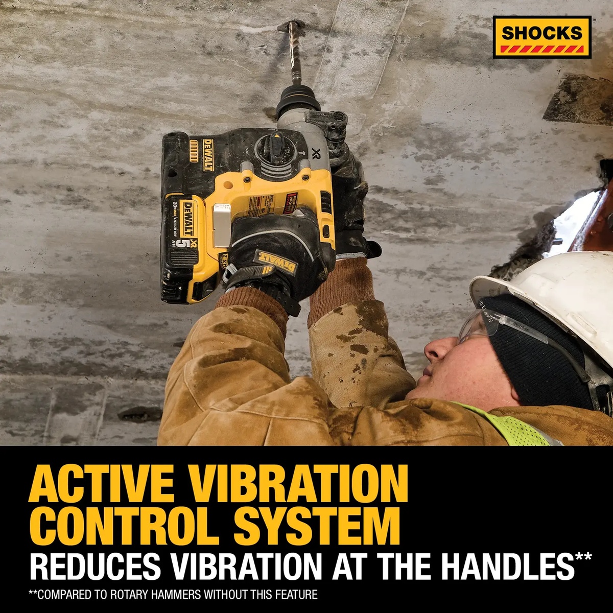 DEWALT DCH273B 20V MAX XR brushless cordless 1 in. SDS Plus L-Shape Rotary Hammer being used overhead in concrete to show reduced handle vibration on the job