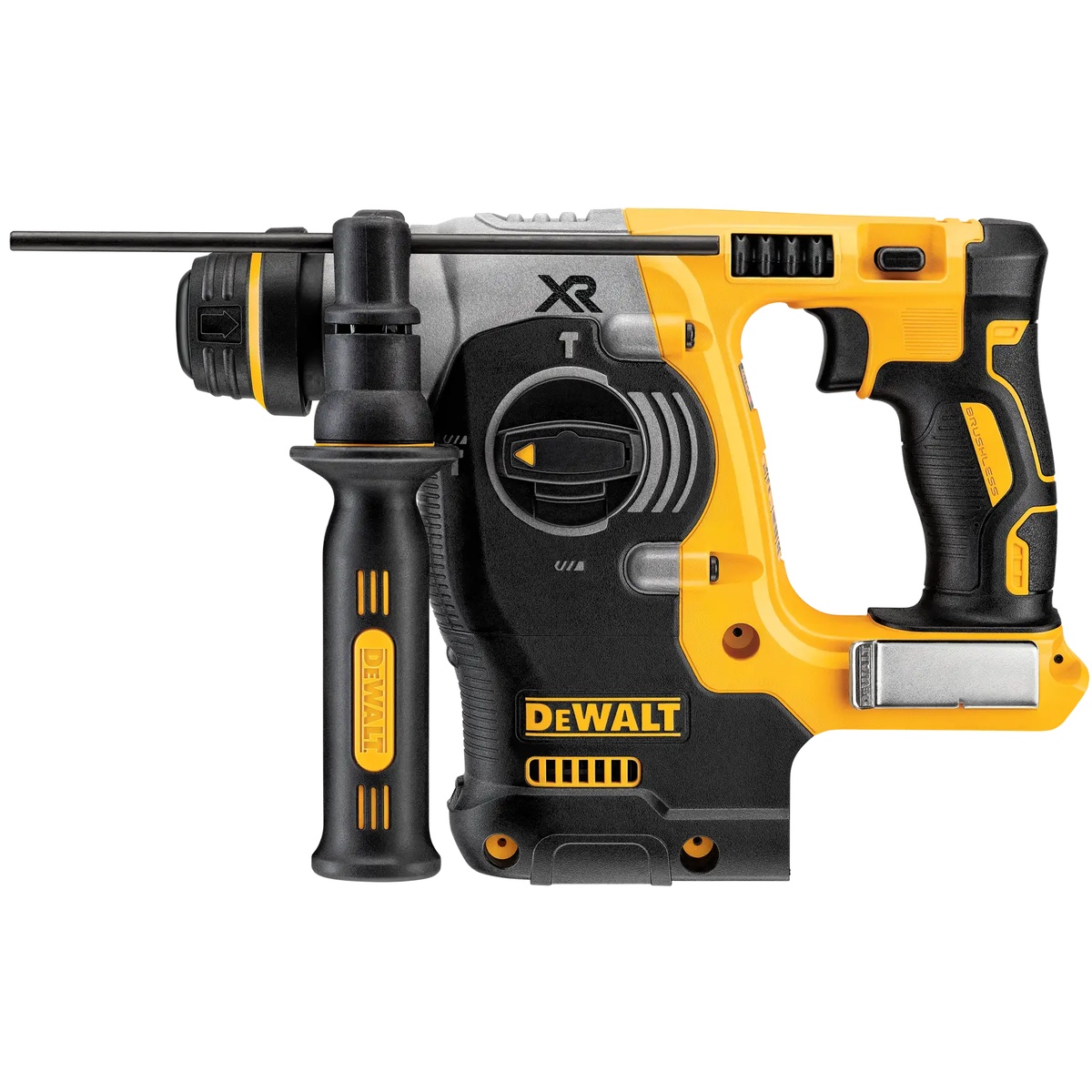 DEWALT DCH273B 20V MAX XR brushless cordless 1 in. SDS Plus L-Shape Rotary Hammer clean product view showing the mode selector, side handle, and SDS Plus nose