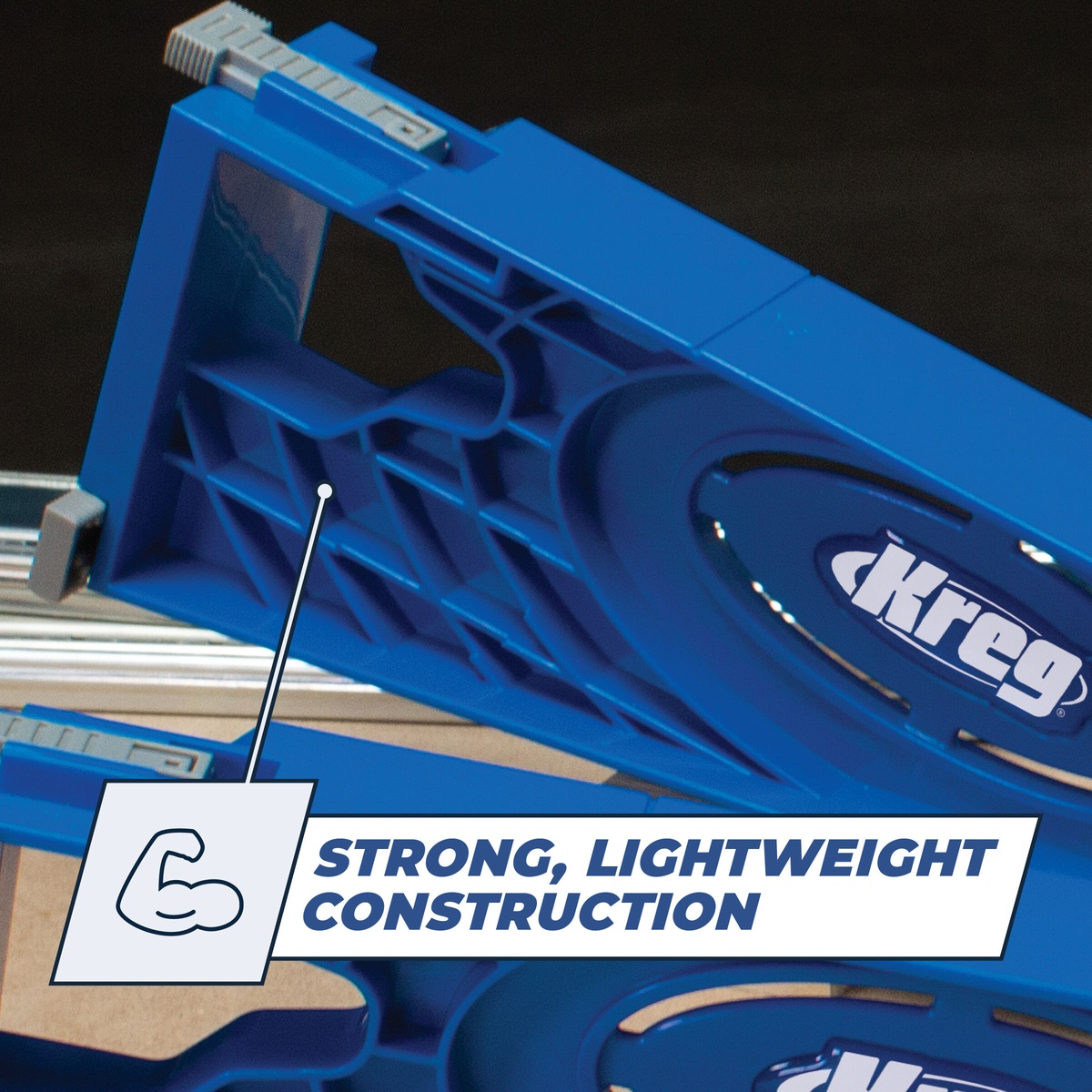 Kreg KHI-SLIDE Drawer Slide Jig supporting a drawer slide during cabinet drawer installation