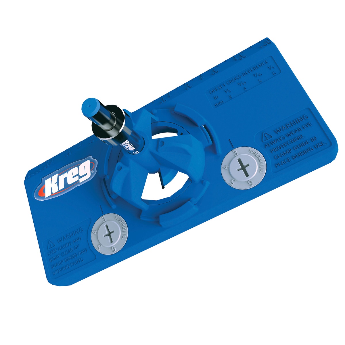 Kreg concealed hinge drilling jig showing the drill guide used to drill straight hinge cup holes