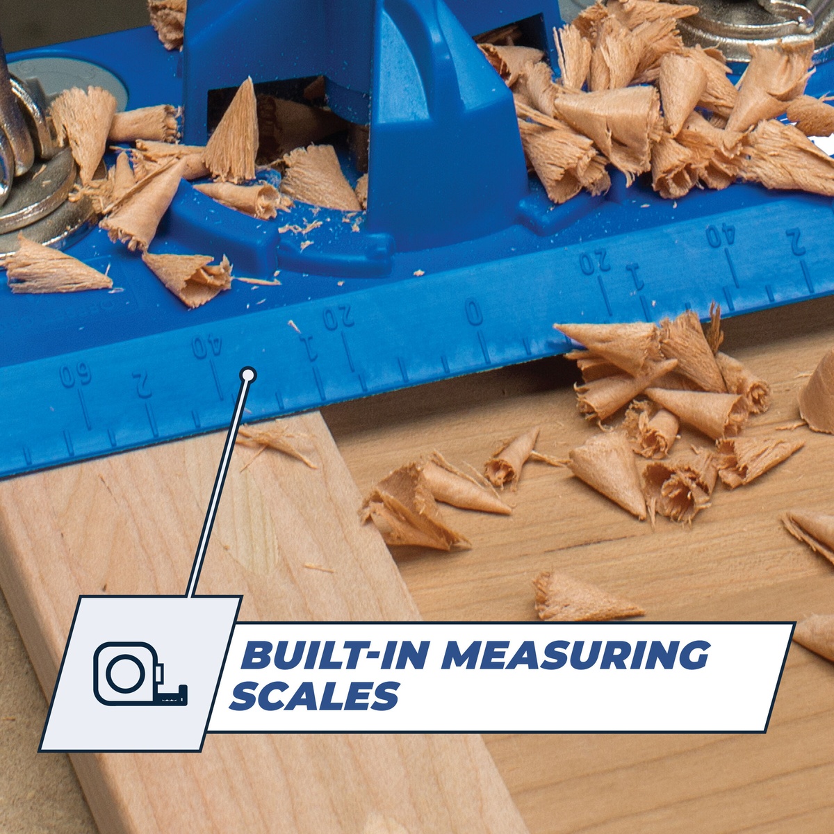 Close-up of the Kreg hinge jig built-in measuring scales used to set concealed hinge cup hole location