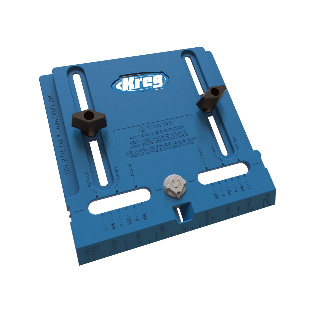 Kreg Tool Cabinet Hardware Jig (KHI-PULL) shown with adjustable edge guide and measuring scales for cabinet knob and pull hole drilling