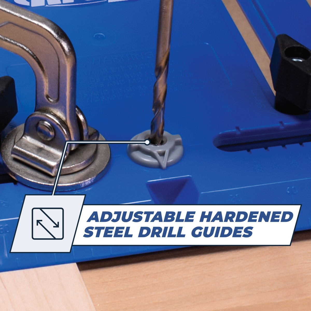 Close-up of Kreg Tool Cabinet Hardware Jig (KHI-PULL) hardened-steel drill guide keeping a drill bit aligned while drilling a cabinet hardware hole