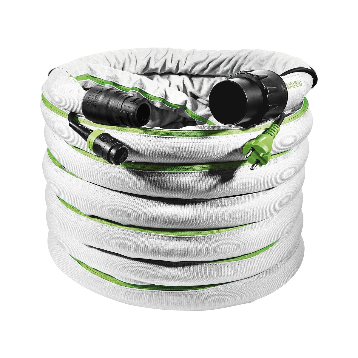 Festool D 32/22x10m-AS-GQ/CT USA suction hose coiled to show the full 10 meter length, protective sleeve, tool connector, and integrated power cord for shop dust extraction setups