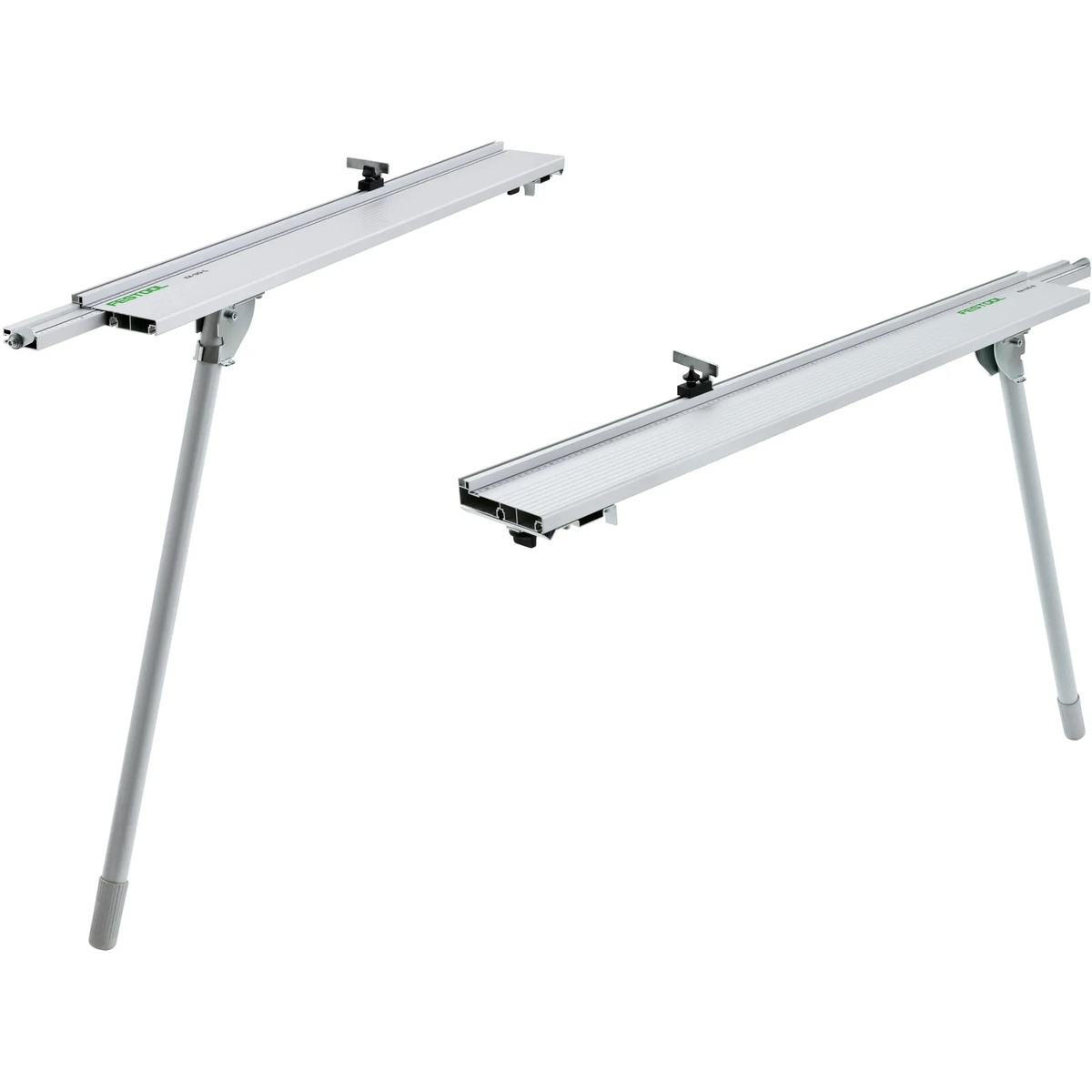 Festool 201187 KA-UG-R-L Extensions for the Kapex, Imperial shown as left and right support arms for a Kapex miter saw station on a jobsite-style setup for supporting long trim and molding stock