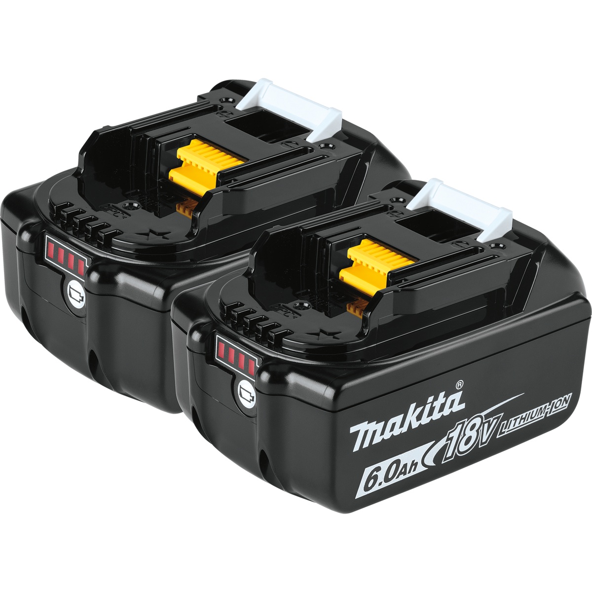 Makita BL1860B-2 18V LXT Lithium-Ion 6.0Ah battery two-pack shown as slide-style cordless tool batteries for Makita jobsite tools on a clean product background