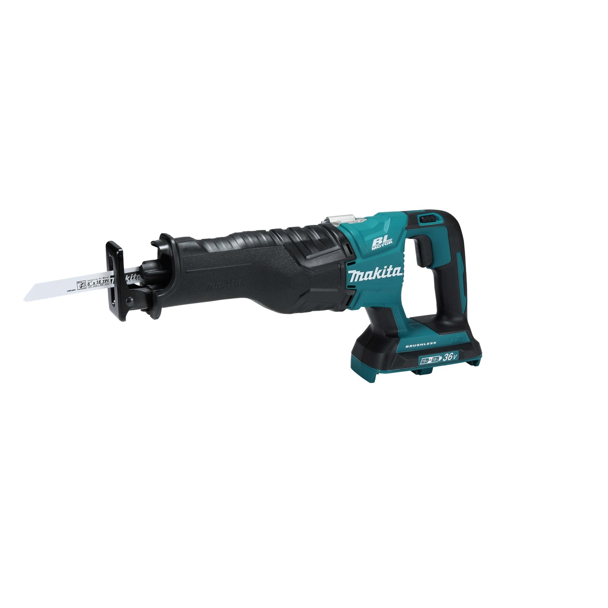 Makita XRJ06Z 36V (18V X2) LXT Brushless Recipro Saw shown as a bare tool with blade installed for demolition and rough cutting on a jobsite