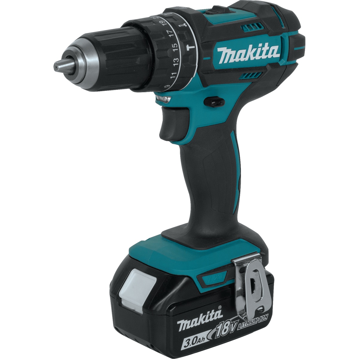 Makita XT505 18V LXT Lithium-Ion Cordless 5-Pc. Combo Kit 3.0Ah hammer driver-drill shown with battery for drilling and hammer drilling on general jobsite tasks