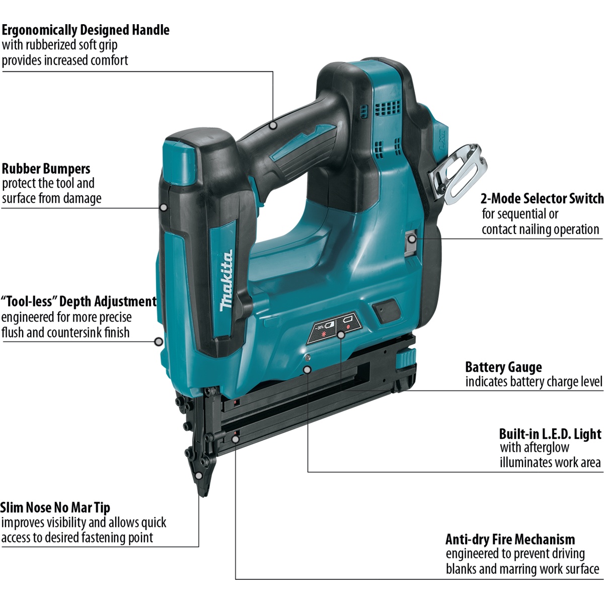 Makita XNB01Z 18V LXT Lithium-Ion Cordless 2 inch Brad Nailer, 18 gauge, shown from the front on a clean background highlighting the nose, magazine, and compact body for trim and molding installation