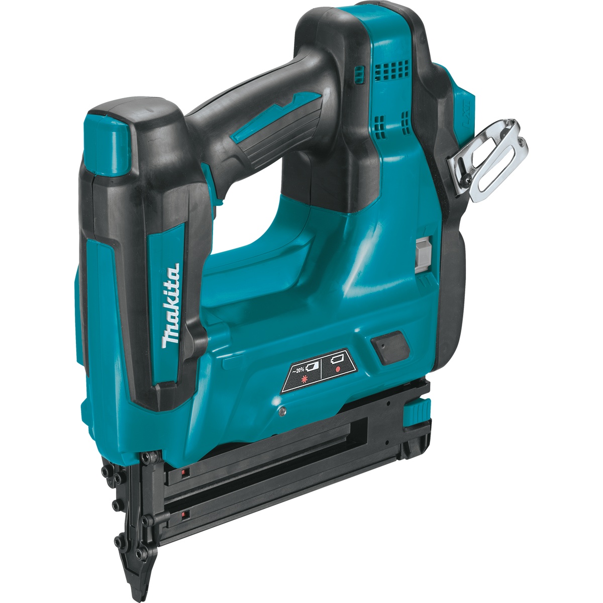 Makita XNB01Z 18V LXT Lithium-Ion Cordless 2 inch Brad Nailer, 18 gauge, side view on a clean background showing the depth adjustment area and magazine used for precise trim fastening