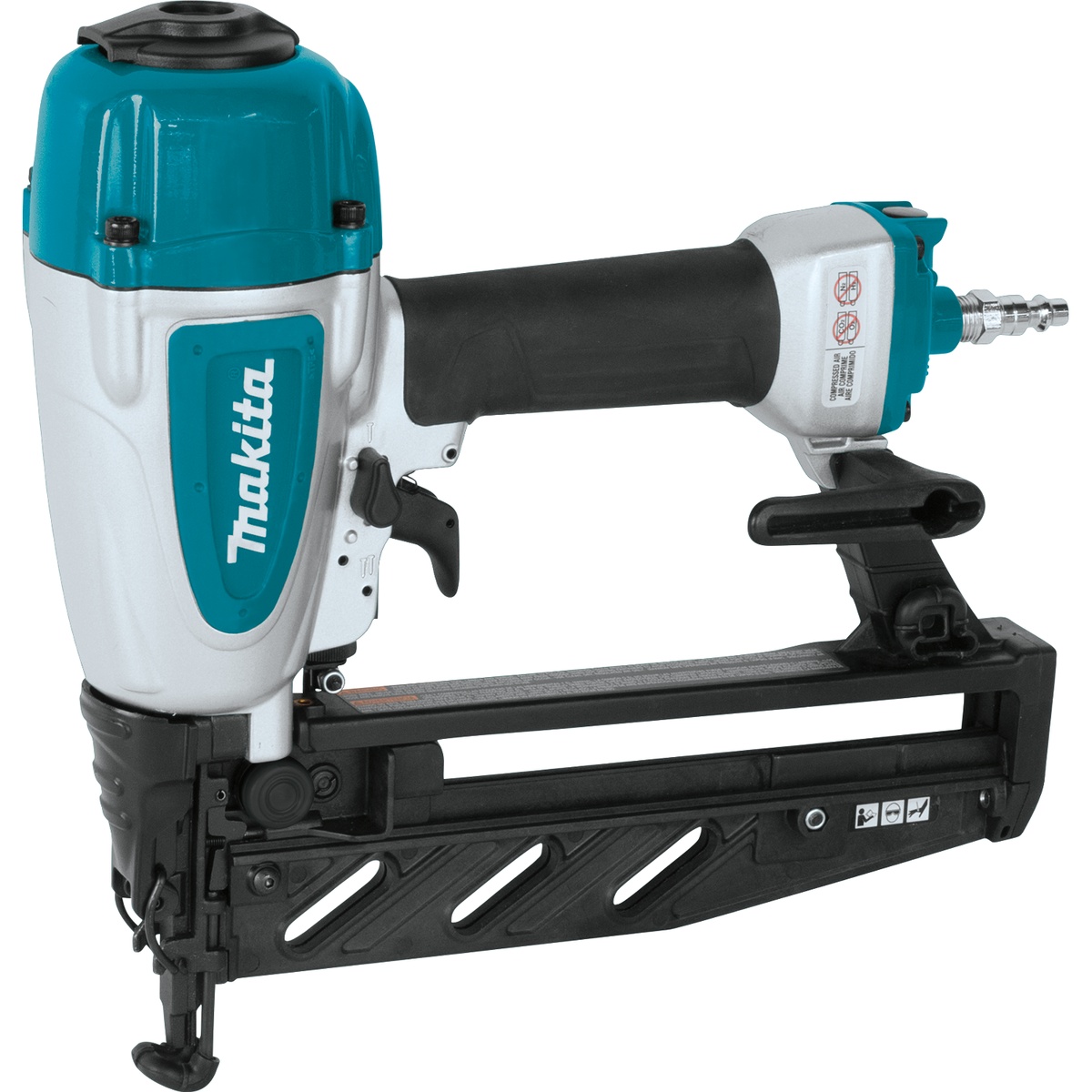 Makita AF601 16 Gauge, 2-1/2 inch Straight Finish Nailer shown in side profile for finish fastening work on trim and interior woodworking jobs