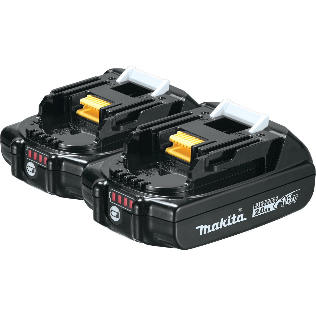 Makita BL1820B-2 18V LXT Lithium-Ion Compact 2.0Ah Battery two-pack shown for rotating batteries between tool use and charging on the jobsite