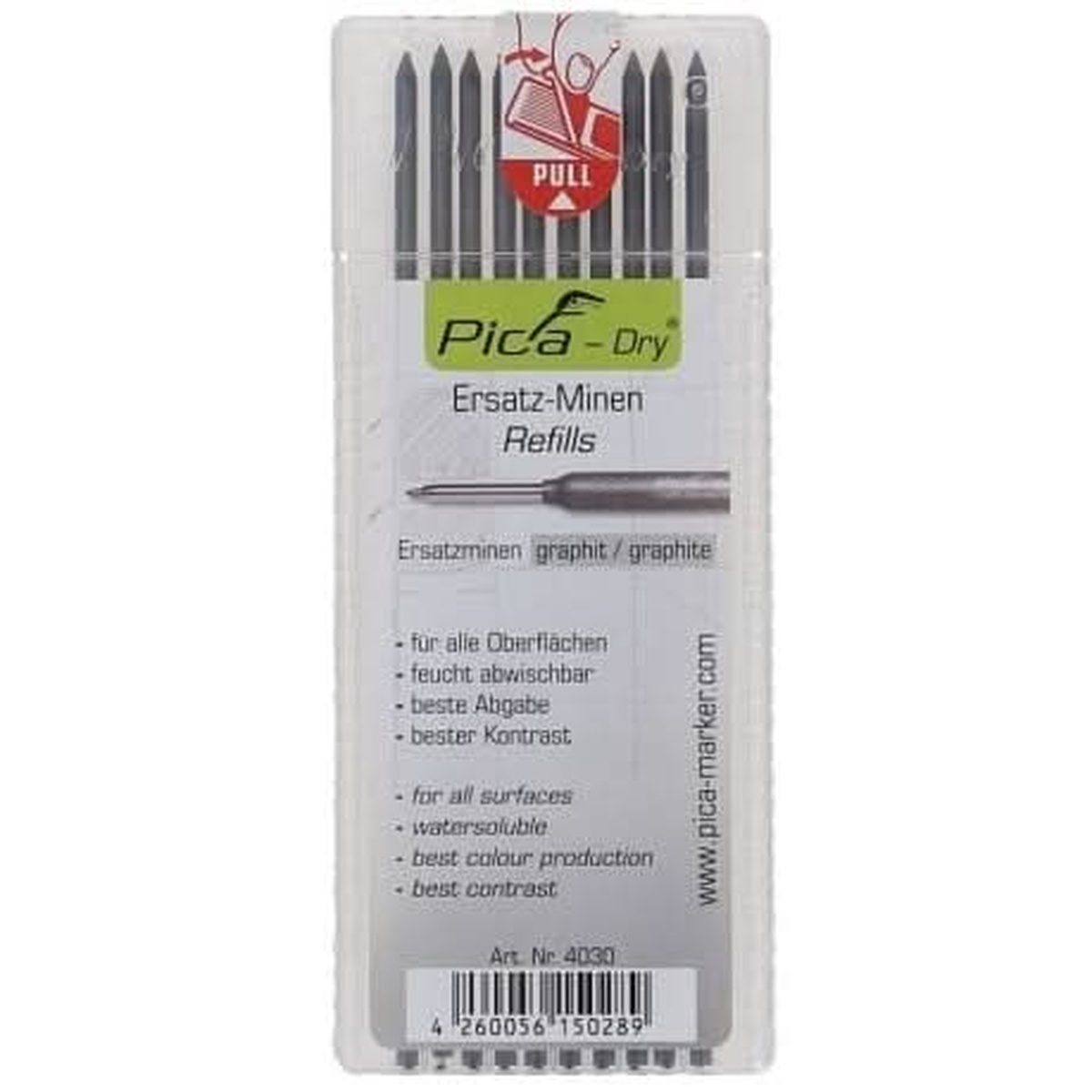 Pica Dry 4030 Black Lead Refill pack shown in retail case for jobsite marking on mixed material surfaces