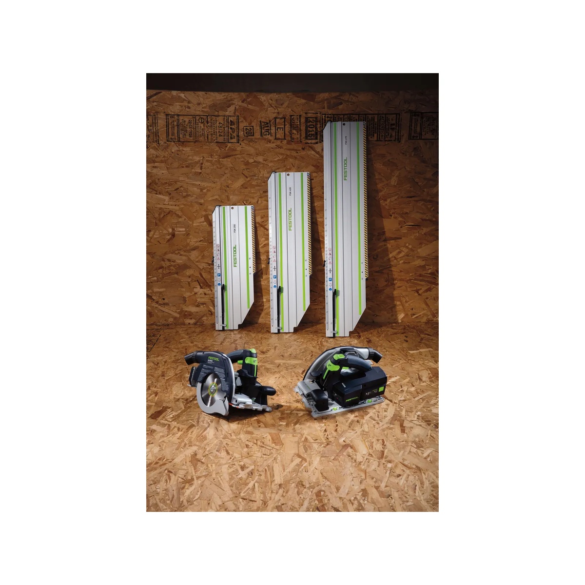 Festool 576164 HKC 55 Cordless Track Saw BASIC shown with Festool guide rail systems for repeated cross cuts and straight cuts in wood on a jobsite wall display