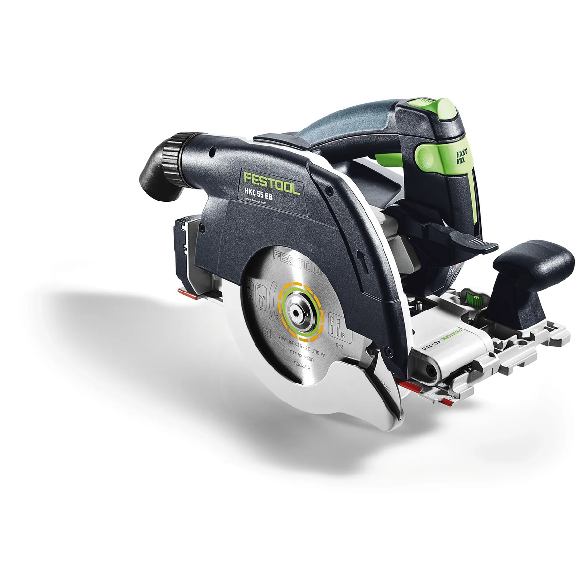 Festool 576164 HKC 55 Cordless Track Saw BASIC close-up showing the compact saw body, blade guard, and cutting base for portable wood cutting on the jobsite