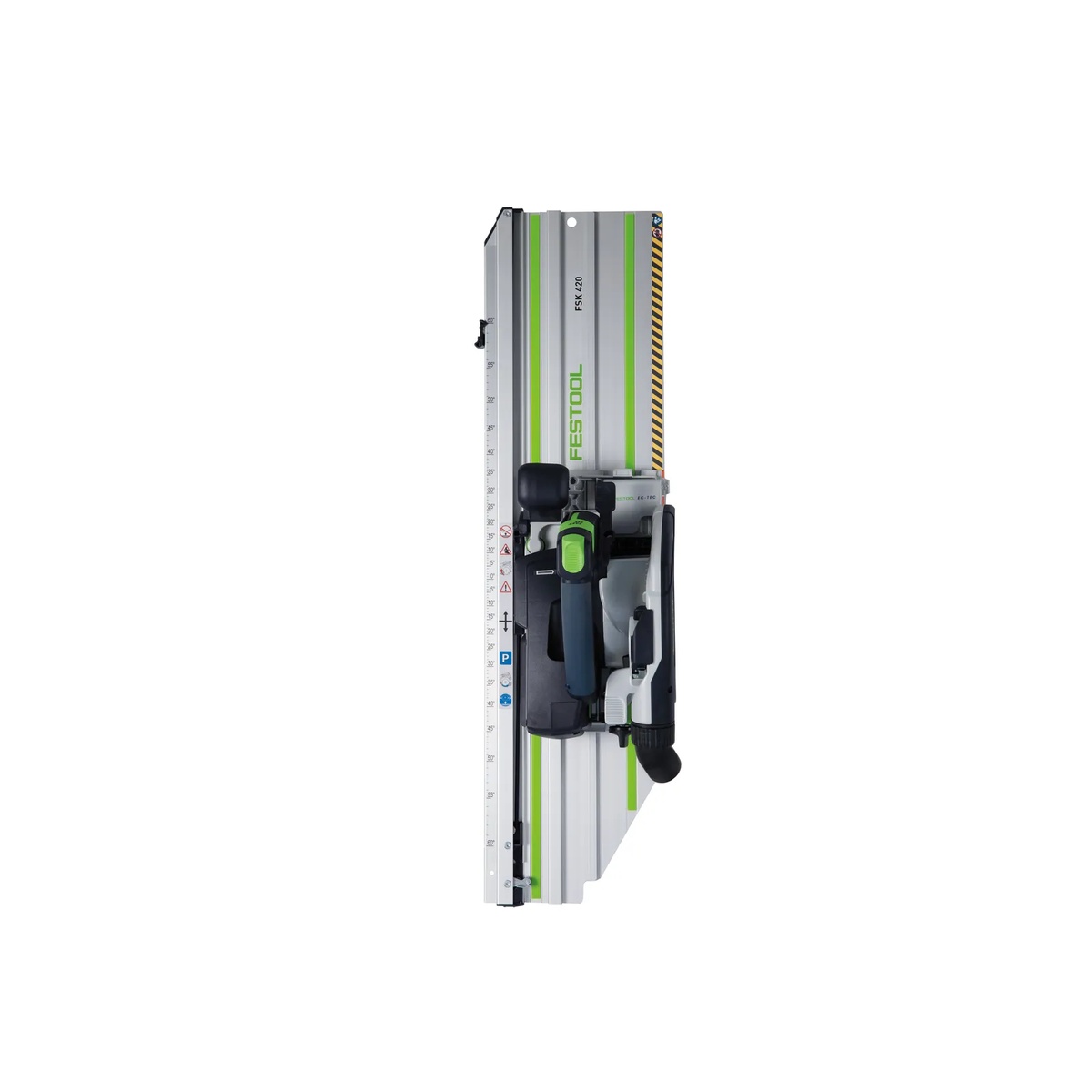 Festool 576164 HKC 55 Cordless Track Saw BASIC mounted on an FSK guide rail for repeatable angle cutting of wood in jobsite carpentry work