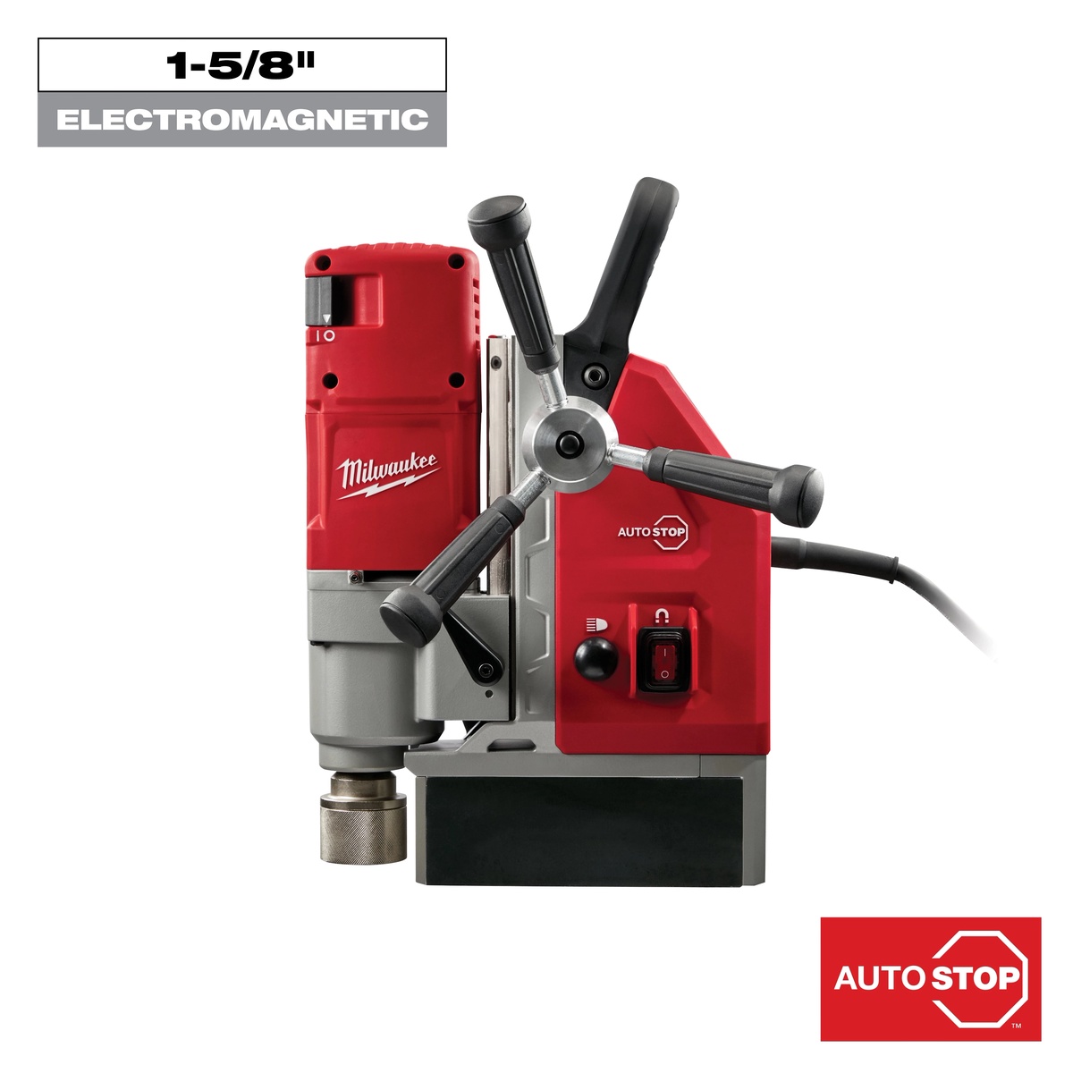 Milwaukee 4272-21 1-5/8 in. Electromagnetic Drill Kit product view showing feed handles, compact body, and magnetic base for portable steel drilling