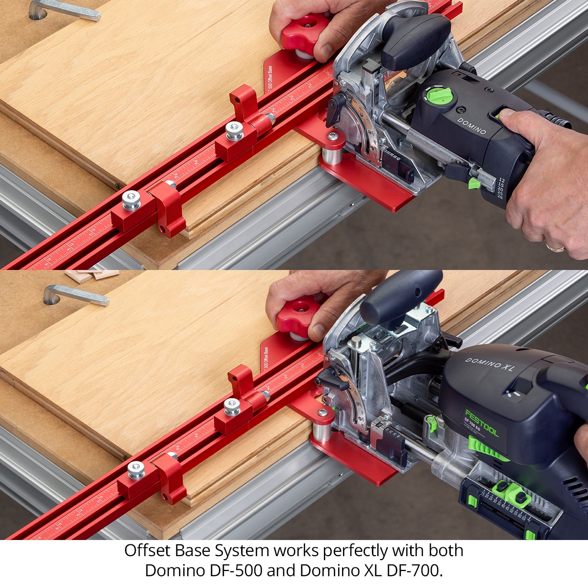 Woodpeckers Domino DF 500 Offset Base System shown in use with Festool Domino joiners on plywood, demonstrating compatibility for mortising tasks in a woodworking shop