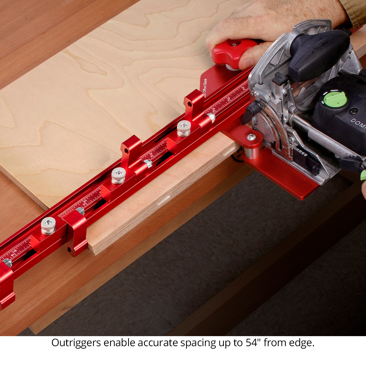 Woodpeckers Domino DF 500 Offset Base System, Imperial using extended outrigger bars to space mortises along a plywood workpiece in a woodworking shop