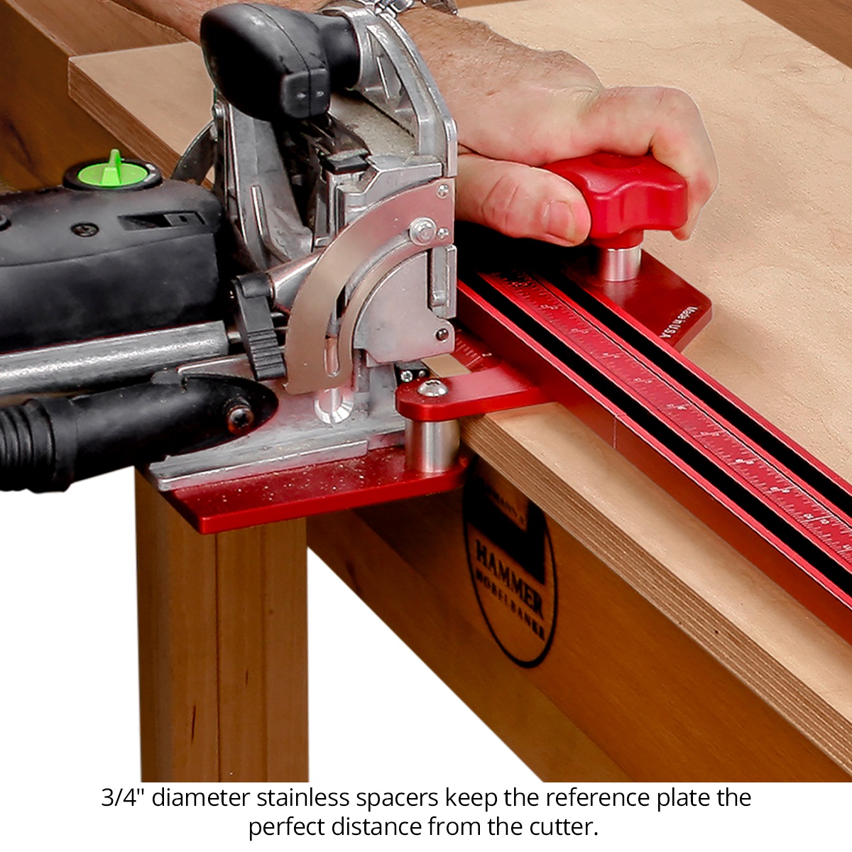 Woodpeckers Domino DF 500 Offset Base System, Imperial mounted on a Festool Domino while cutting a centered mortise into a plywood panel on a woodworking bench