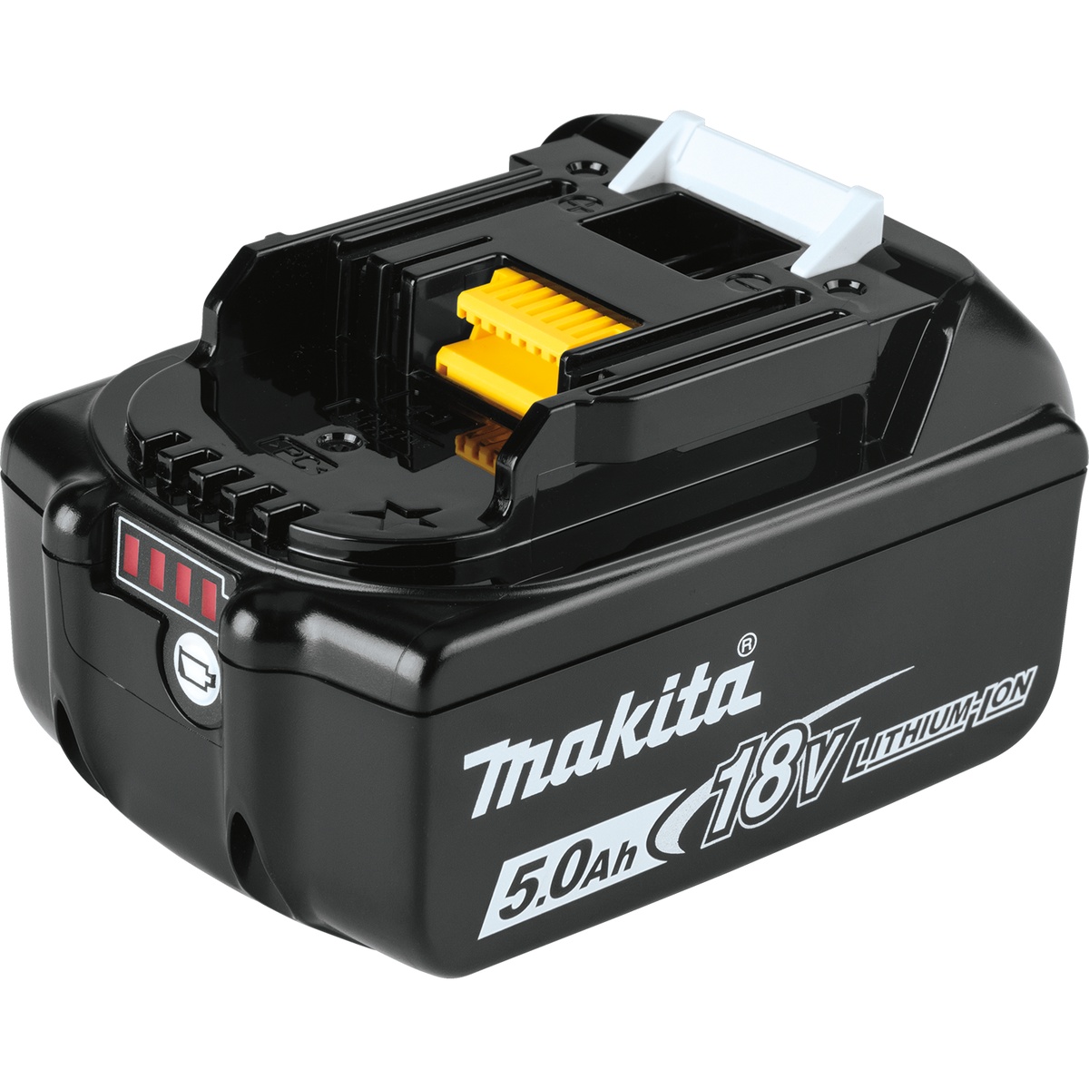 Makita BL1850B 18V LXT Lithium-Ion 5.0Ah Battery product view showing the slide-style battery pack and LED charge indicator for cordless jobsite tool use