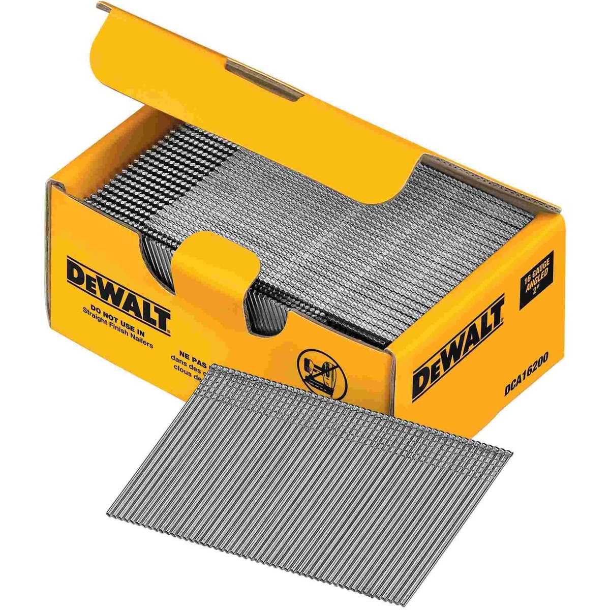 DeWalt DCA16200 16 Gauge 2 inch 20 Degree Angled Finish Nails 2,500 Quantity shown in collated strips and box packaging for interior trim fastening on a clean product background