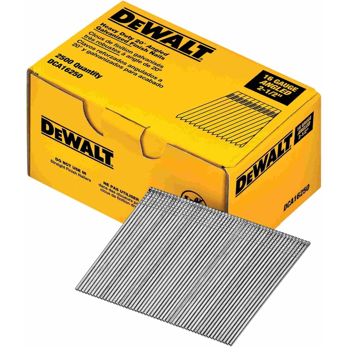 DEWALT DCA16250 20-Degree Angled Finish Nail box and collated 16 gauge 2-1/2 inch galvanized nails for interior trim, casing, and molding work