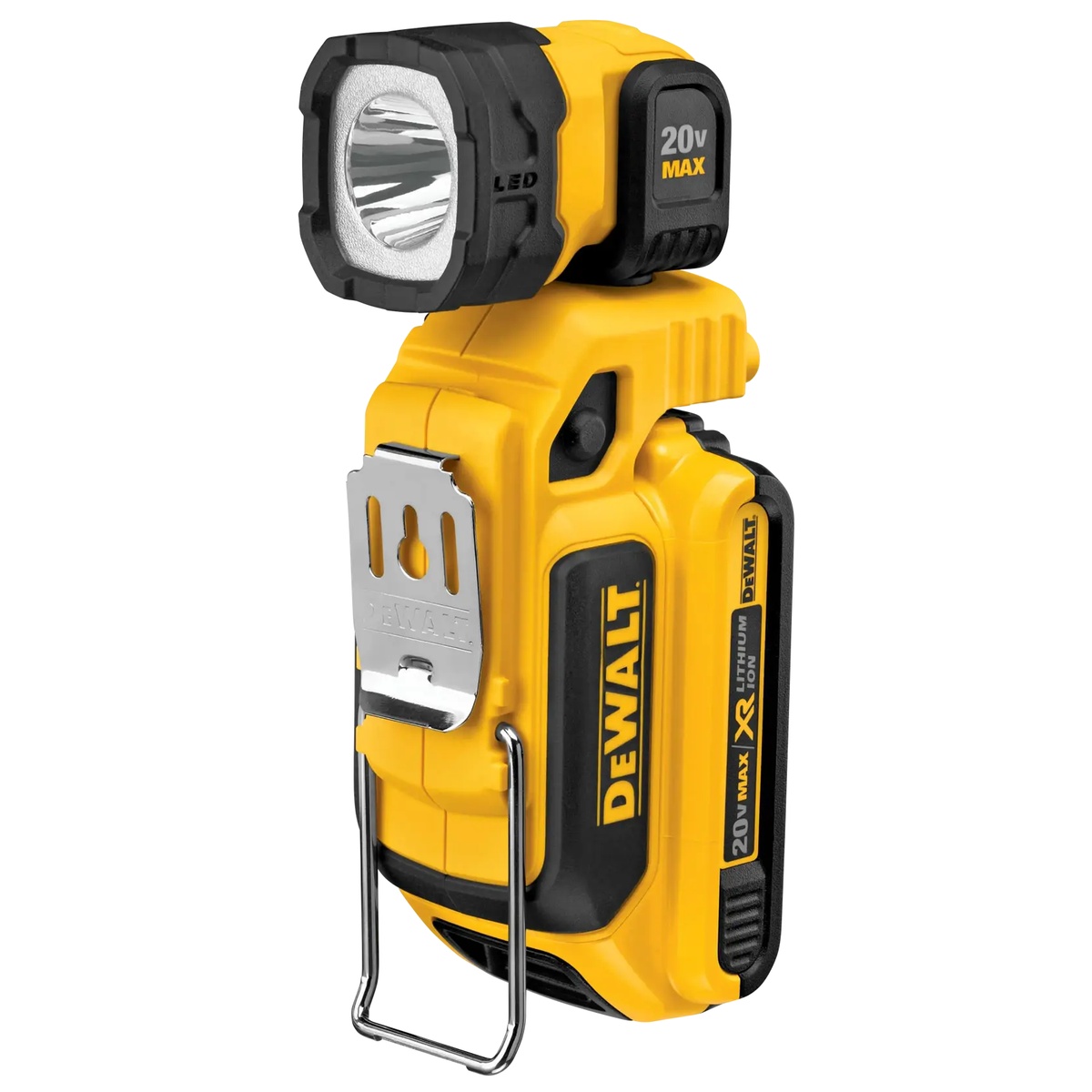 DEWALT DCL044 20V MAX Hand Held LED Work Light showing kickstand and rotating pivoting head for adjustable jobsite lighting