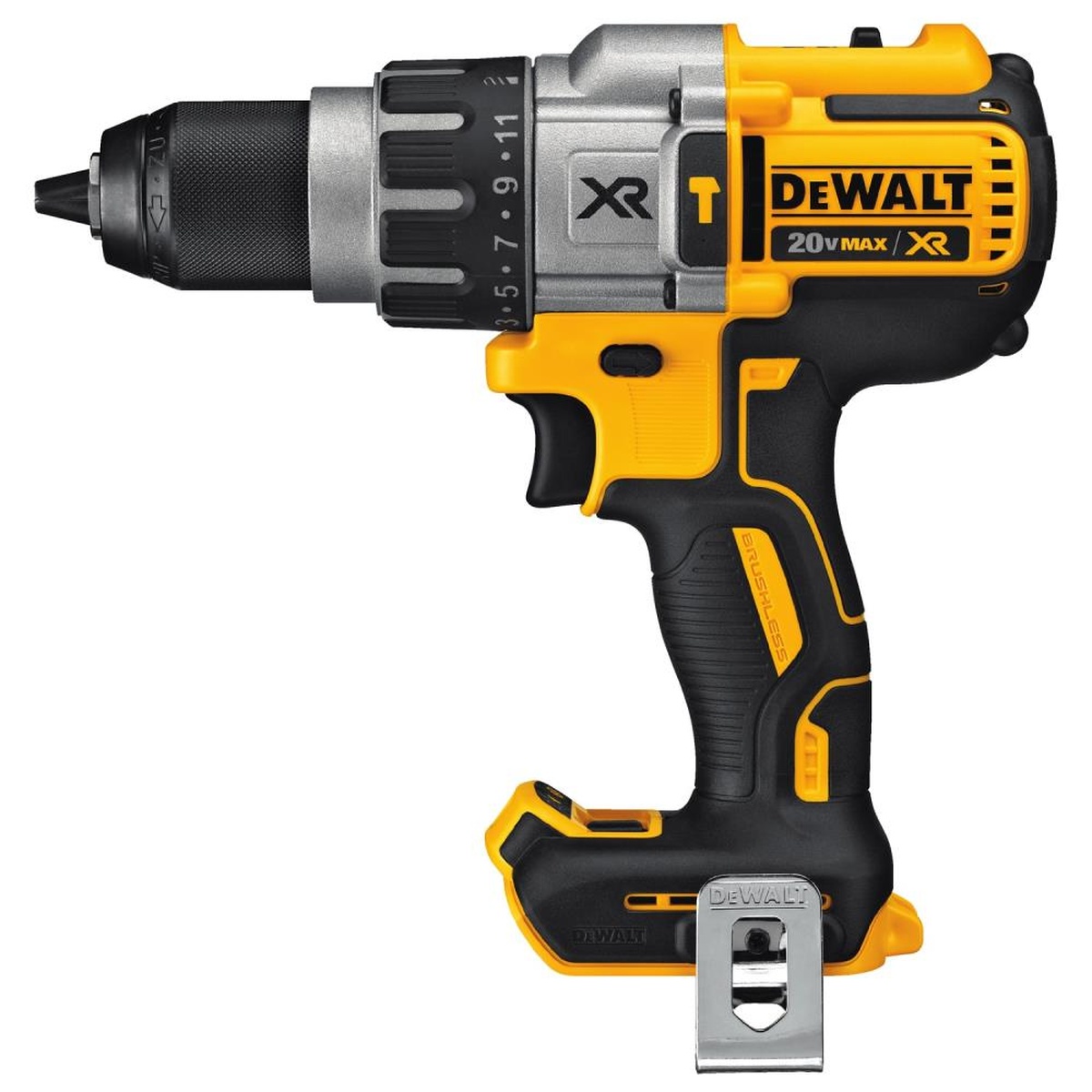 DeWALT DCD996B 20V MAX XR 1/2 in. hammer drill shown as a bare tool in side profile, highlighting the metal chuck, compact body, and jobsite-ready drill design