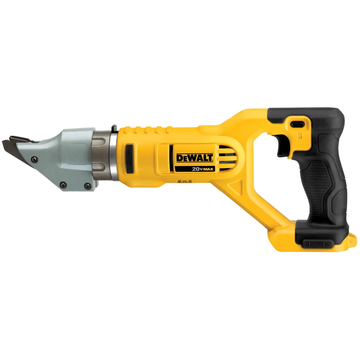 DEWALT DCS494B 20V MAX 14 Gauge Swivel Head Double Cut Metal Shear shown in profile for sheet metal cutting on HVAC, roofing, and fabrication jobs