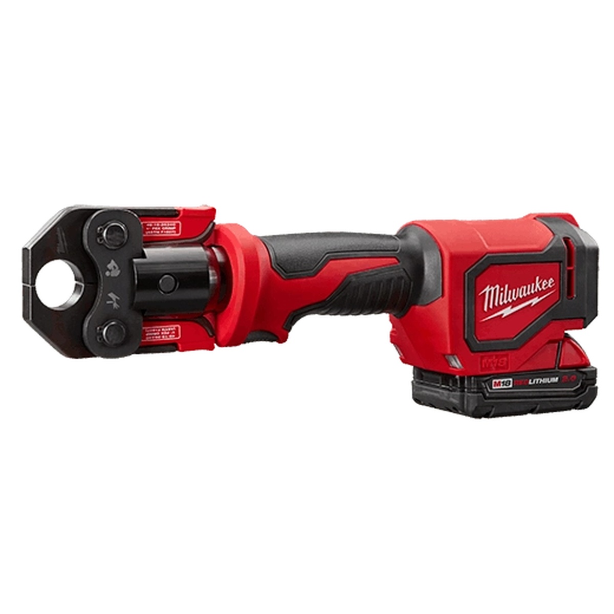 Milwaukee 2674-22C M18 Short Throw Press Tool Kit with PEX Crimp Jaws close-up showing the compact press head and inline body for PEX crimping work
