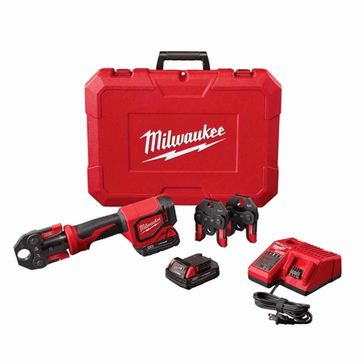 Milwaukee 2674-22C M18 Short Throw Press Tool Kit with PEX Crimp Jaws shown with hard case, batteries, charger, and crimp jaws on a clean background