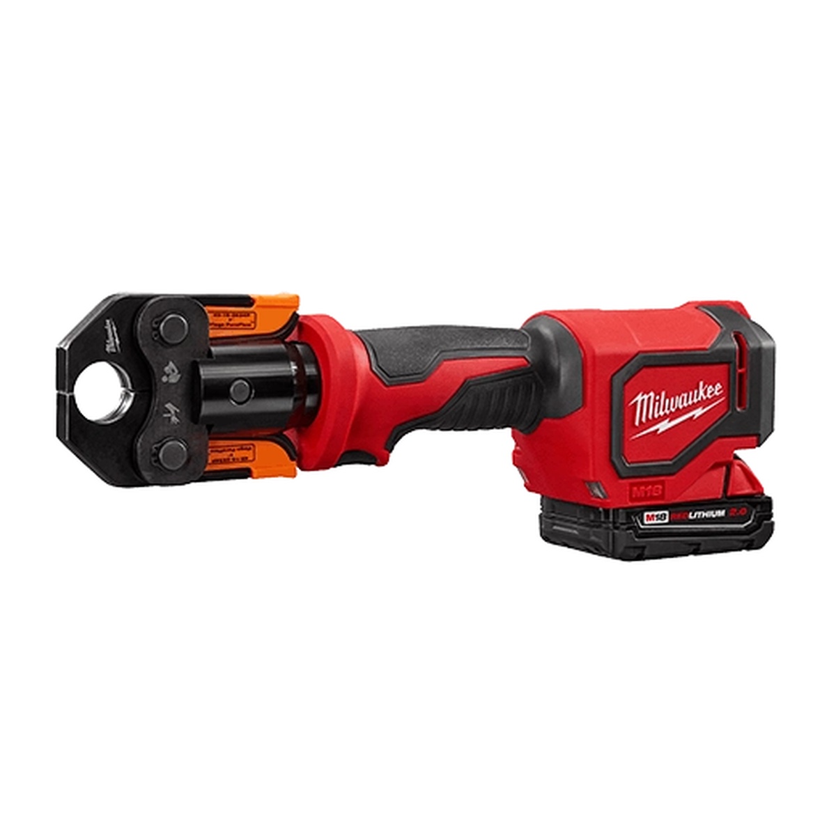 Milwaukee 2674-22P M18 Short Throw Press Tool side profile showing compact short throw design and jaw head for plumbing press work